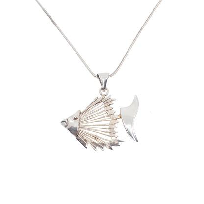 Vintage 190s Mexico Fish Skeleton Sterling Silver Pendant 18" Necklace