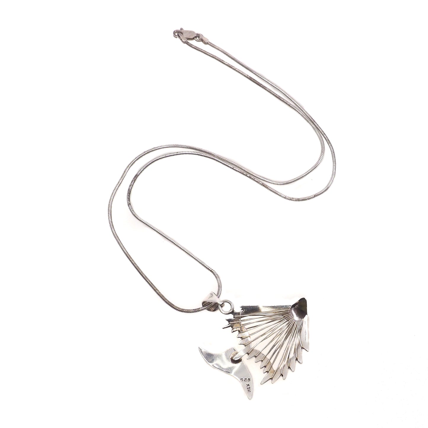 Vintage 190s Mexico Fish Skeleton Sterling Silver Pendant 18" Necklace
