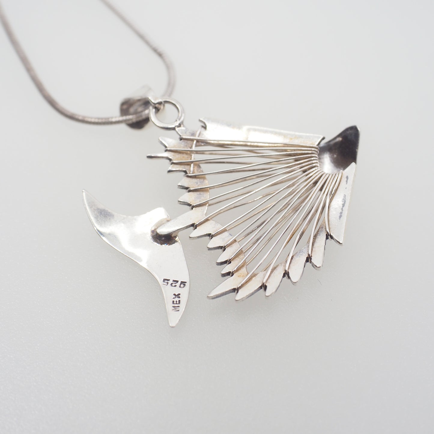 Vintage 190s Mexico Fish Skeleton Sterling Silver Pendant 18" Necklace