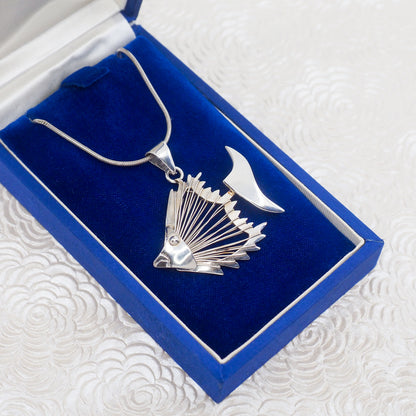 Vintage 190s Mexico Fish Skeleton Sterling Silver Pendant 18" Necklace