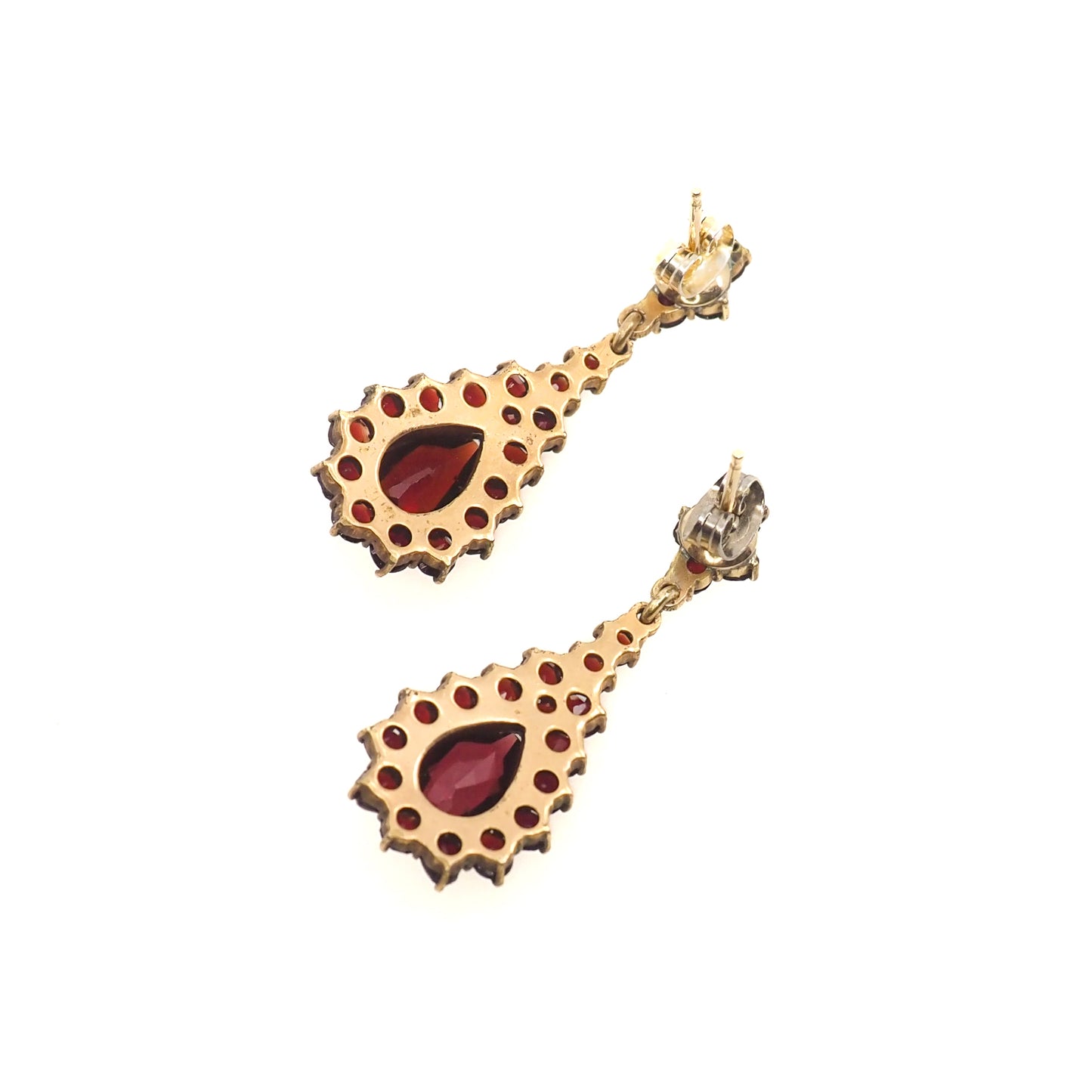 Vintage 1950s Red Rose Cut Pyrope Garnet and Gold Wash Drop Cluster Pierced Earrings