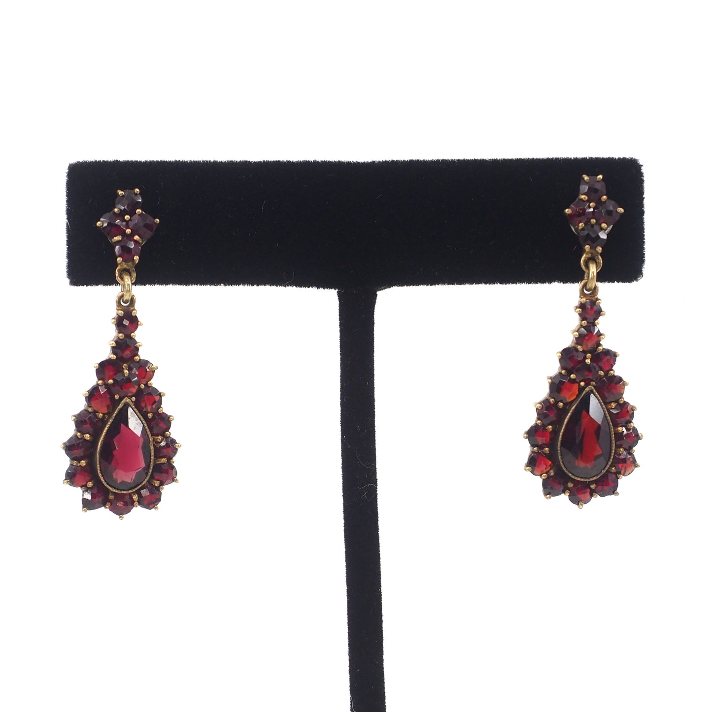 Vintage 1950s Red Rose Cut Pyrope Garnet and Gold Wash Drop Cluster Pierced Earrings
