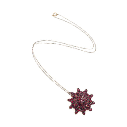Antique 1890s Late Victorian Bohemian Garnet and Gilt Cluster Starburst 18" Necklace