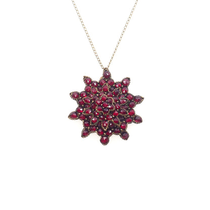 Antique 1890s Late Victorian Bohemian Garnet and Gilt Cluster Starburst 18" Necklace