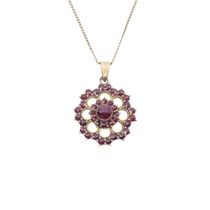 Vintage 1960s Rose Cut Bohemian Garnet and Flower Pendant 18" Necklace