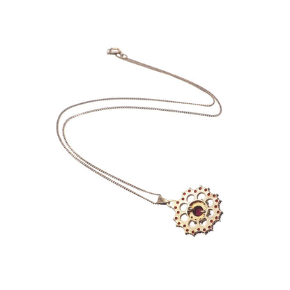 Vintage 1960s Rose Cut Bohemian Garnet and Flower Pendant 18" Necklace