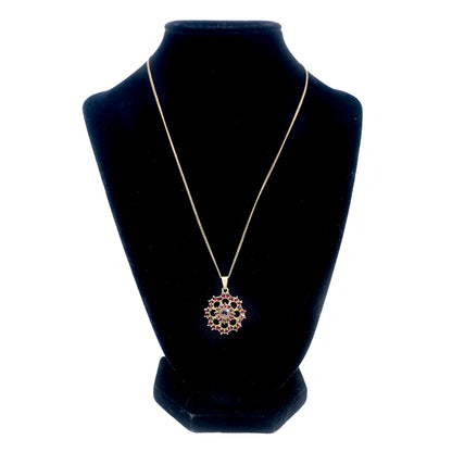 Vintage 1960s Rose Cut Bohemian Garnet and Flower Pendant 18" Necklace