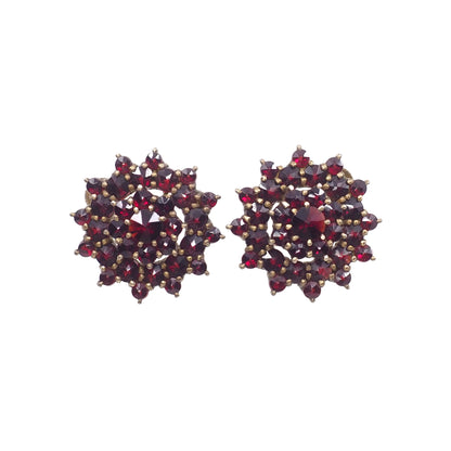Vintage 1960s Granat Turnov Bohemian Garnet 900 Silver Gold-Washed Cluster Screw Back Earrings