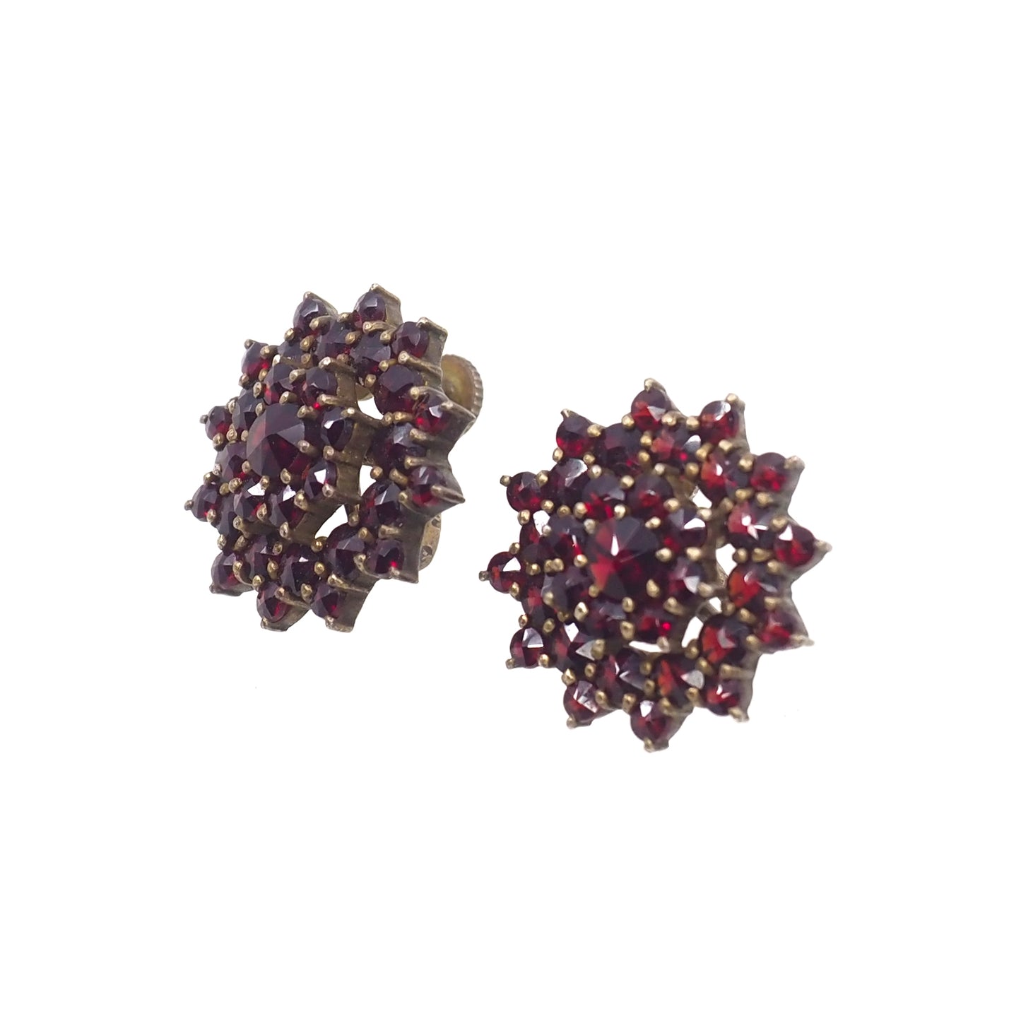 Vintage 1960s Granat Turnov Bohemian Garnet 900 Silver Gold-Washed Cluster Screw Back Earrings