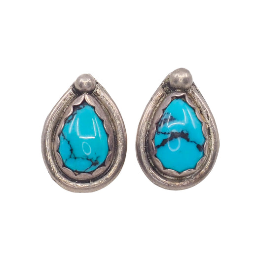Vintage 1980s Blue Turquoise and Sterling Silver Pear Southwestern Stud Earrings