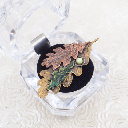 Vintage 1960s Brass Tri-Tone Oak Leaf Brooch