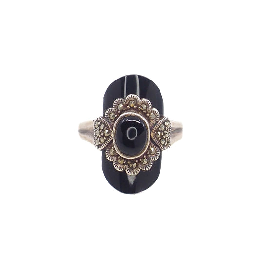 Vintage 1980s Art Deco Styled Onyx, Marcasite and Sterling Silver Statement Geometric Ring Size 8