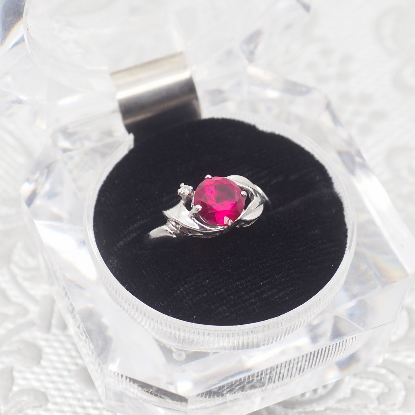 Vintage 1960s DASON Lab Ruby and Diamond 10K White Gold Ring Size 6.25