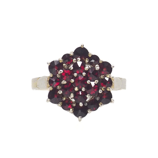 Vintage 1940s Rose Cut Bohemian Garnet Cluster Gold Washed 900 Silver Ring Size 7