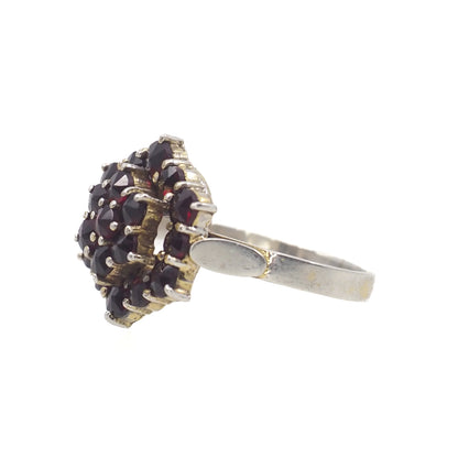 Vintage 1940s Rose Cut Bohemian Garnet Cluster Gold Washed 900 Silver Ring Size 7