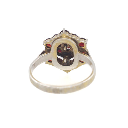 Vintage 1940s Rose Cut Bohemian Garnet Cluster Gold Washed 900 Silver Ring Size 7