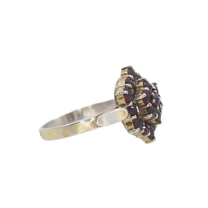 Vintage 1940s Rose Cut Bohemian Garnet Cluster Gold Washed 900 Silver Ring Size 7