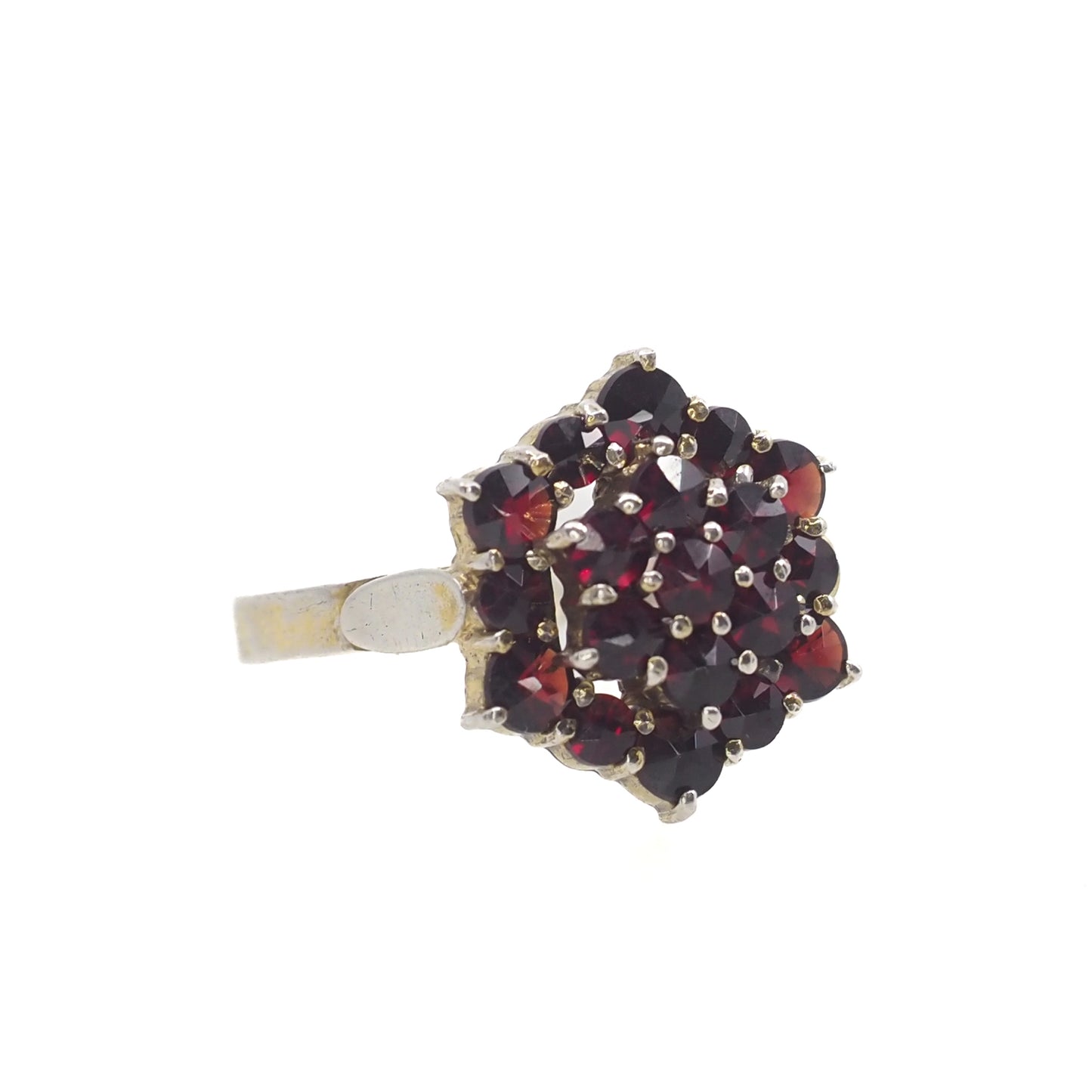 Vintage 1940s Rose Cut Bohemian Garnet Cluster Gold Washed 900 Silver Ring Size 7