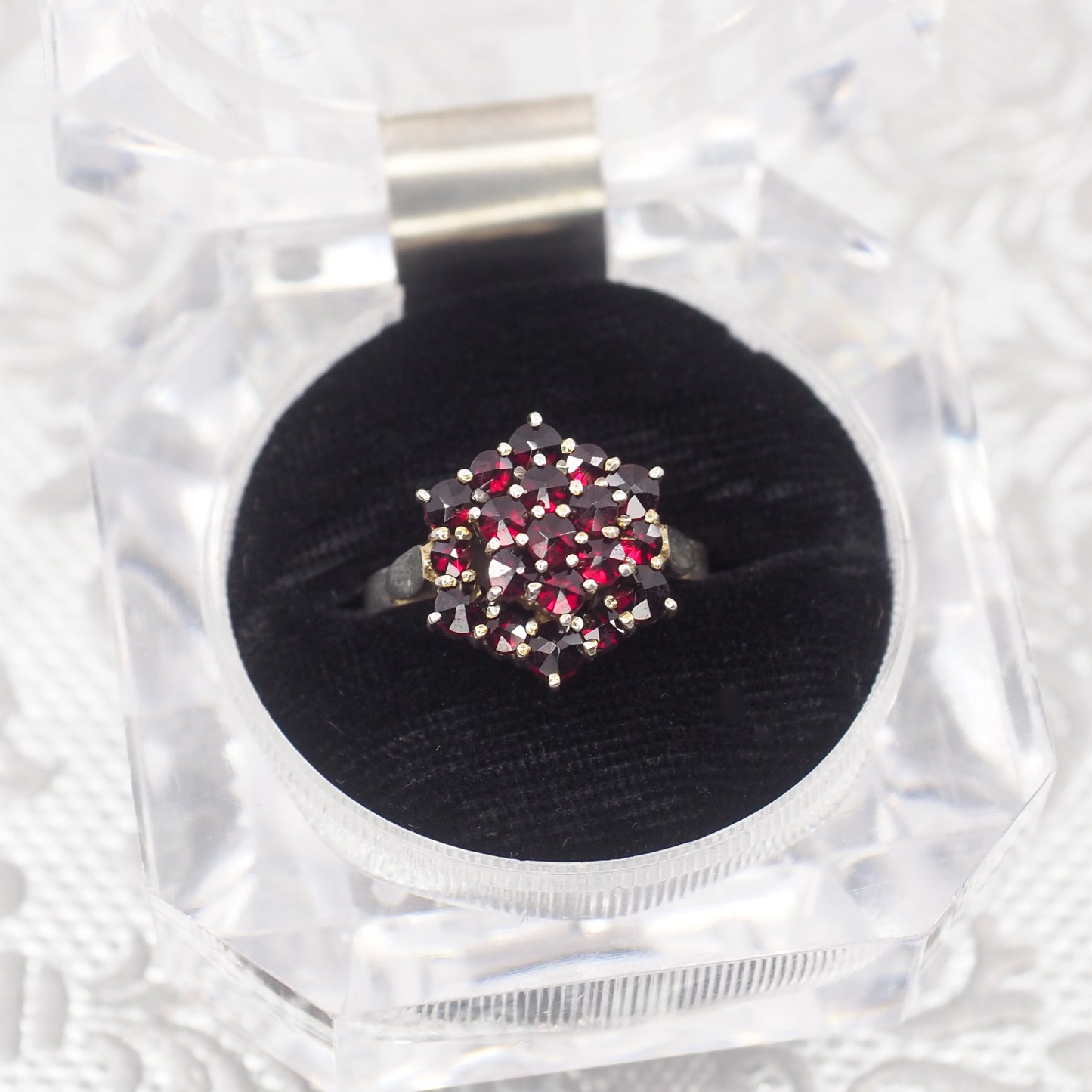 Vintage 1940s Rose Cut Bohemian Garnet Cluster Gold Washed 900 Silver Ring Size 7