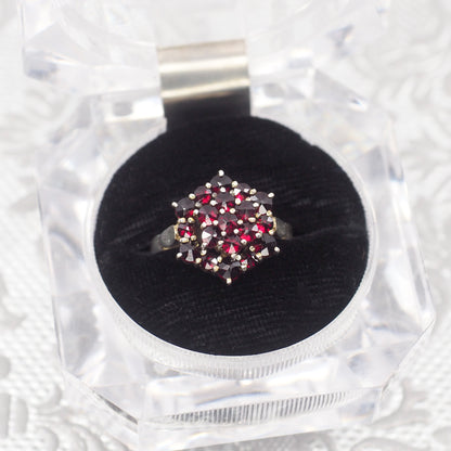 Vintage 1940s Rose Cut Bohemian Garnet Cluster Gold Washed 900 Silver Ring Size 7