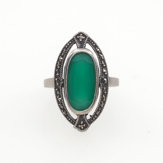 Vintage 1980s Chrysoprase, Marcasite and Sterling Silver Large Long Navette Marquise Statement Ring Size 6