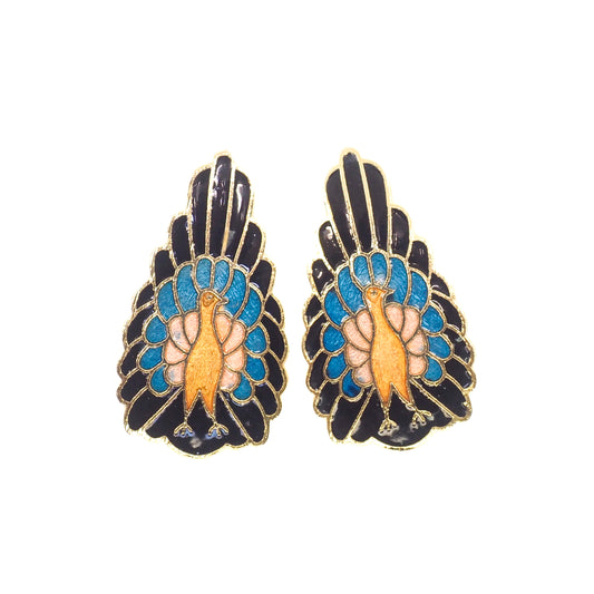 Vintage 1980s Colorful Peacock Enamel and Gold Tone Metal Pierced Earrings