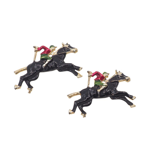 Vintage 1980s Enamel Jockey and Horse Gold Tone Brooch Set