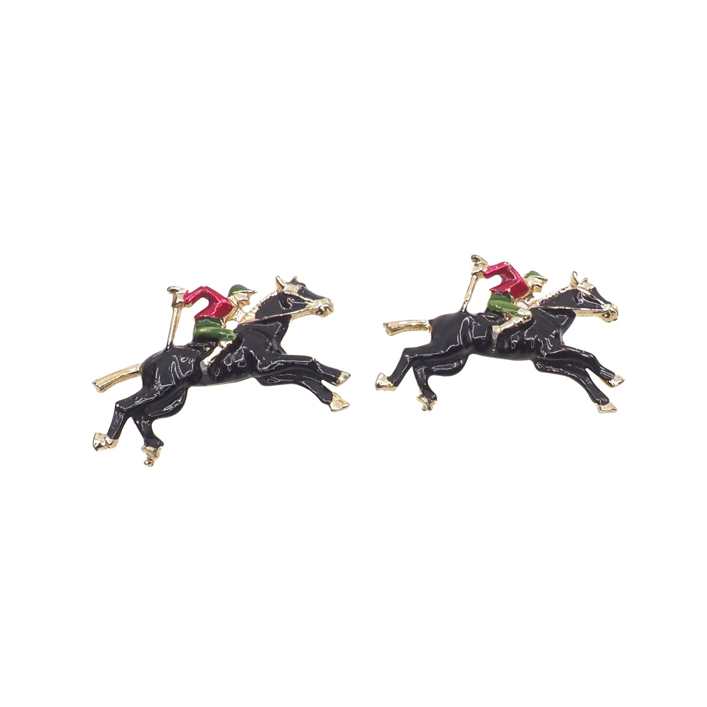 Vintage 1980s Enamel Jockey and Horse Gold Tone Brooch Set