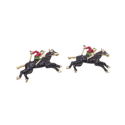 Vintage 1980s Enamel Jockey and Horse Gold Tone Brooch Set