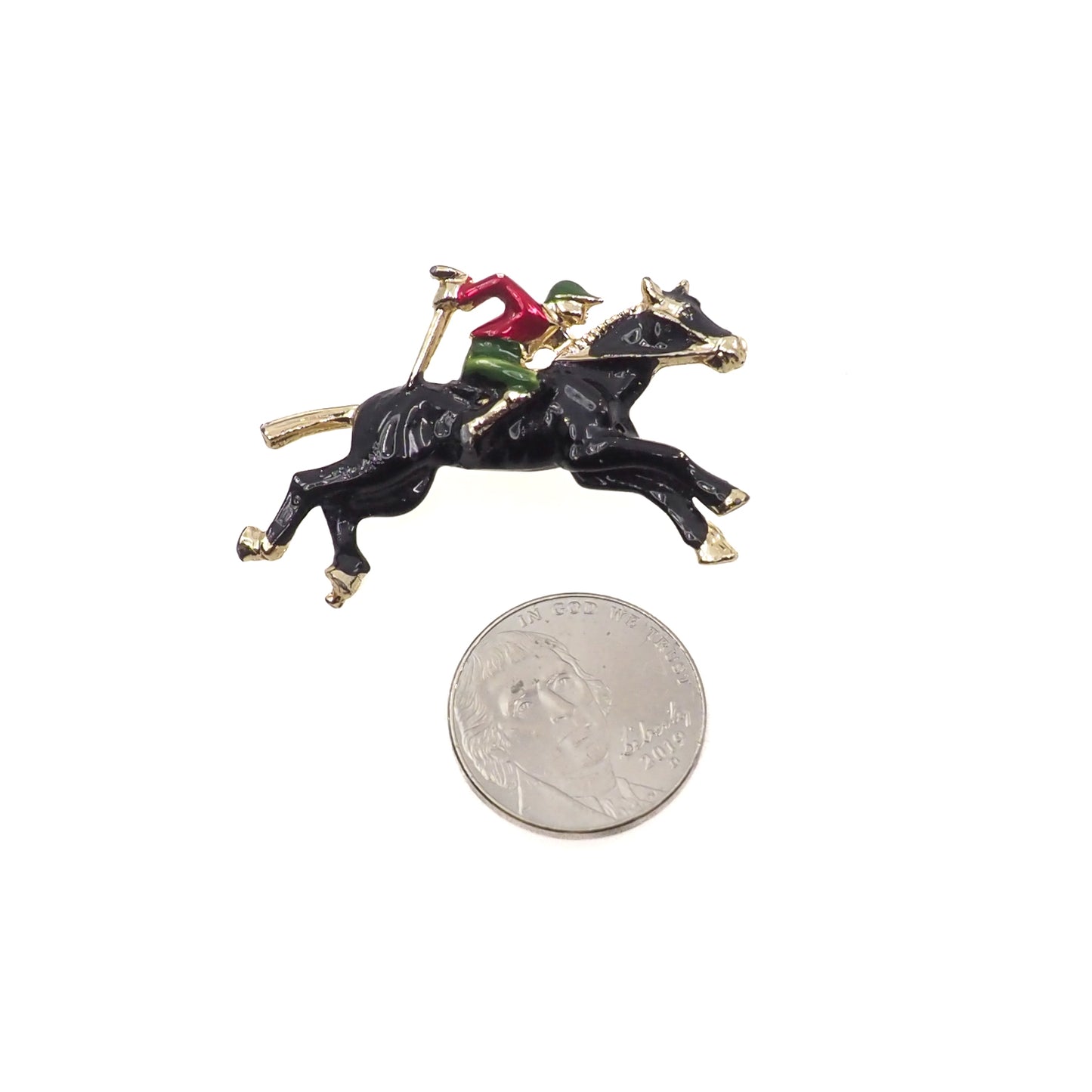 Vintage 1980s Enamel Jockey and Horse Gold Tone Brooch Set