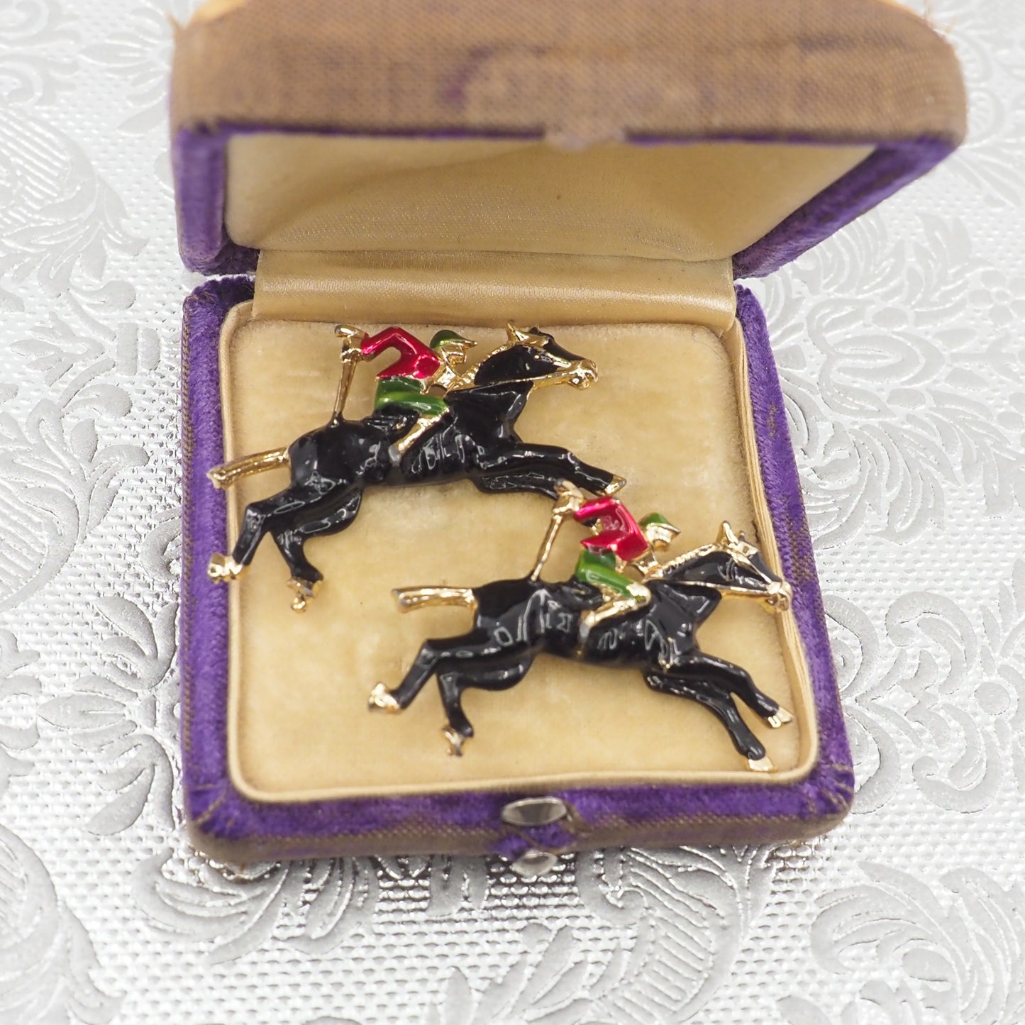 Vintage 1980s Enamel Jockey and Horse Gold Tone Brooch Set