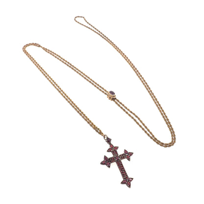 Antique 1890s Victorian Bohemian Garnet and Opal Cross Slide Long Watch Chain 48" Necklace