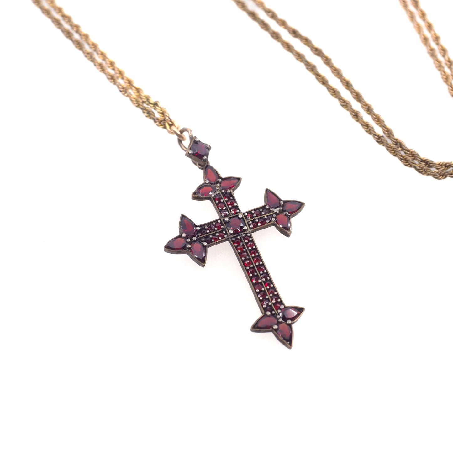 Antique 1890s Victorian Bohemian Garnet and Opal Cross Slide Long Watch Chain 48" Necklace