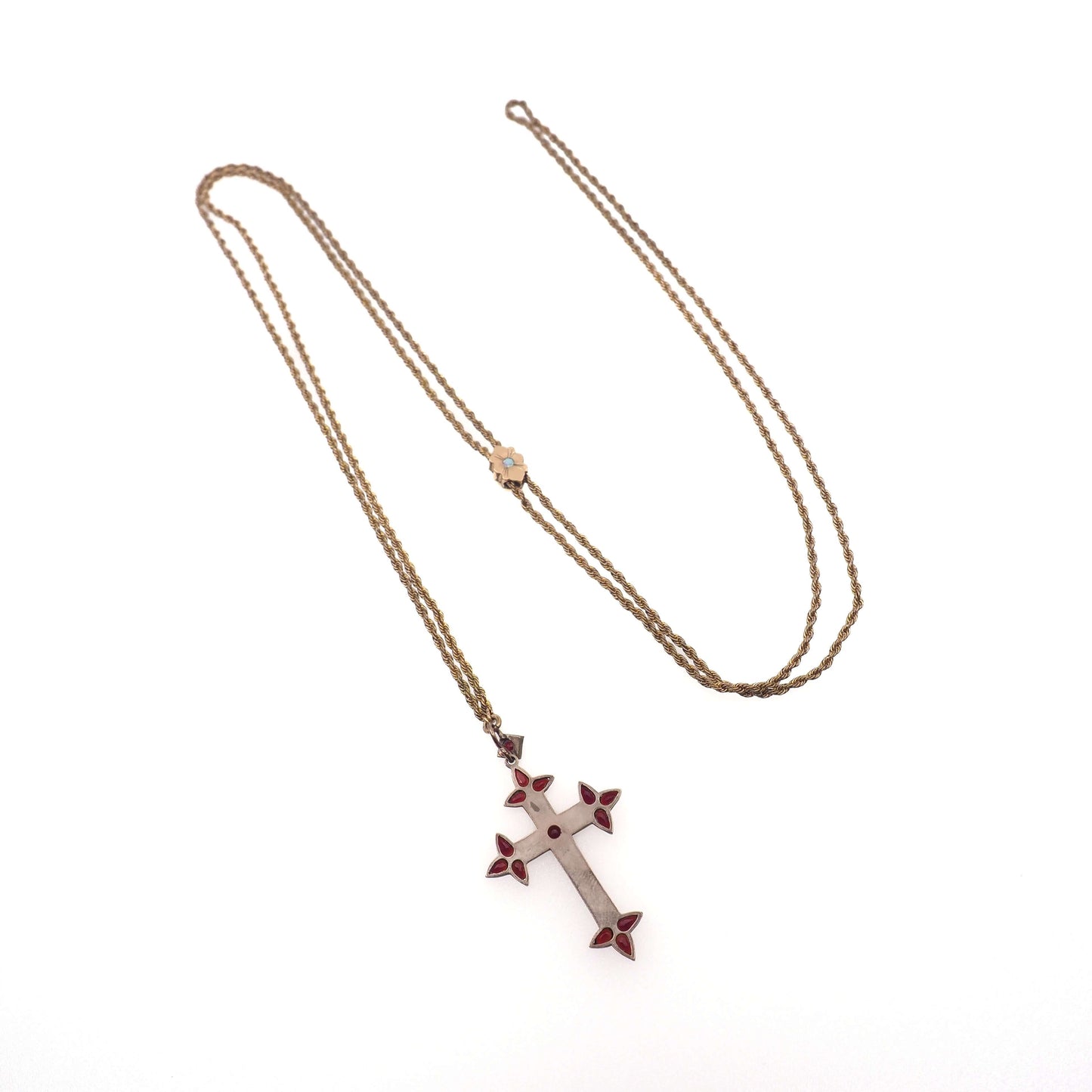 Antique 1890s Victorian Bohemian Garnet and Opal Cross Slide Long Watch Chain 48" Necklace