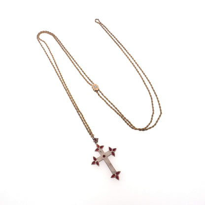 Antique 1890s Victorian Bohemian Garnet and Opal Cross Slide Long Watch Chain 48" Necklace