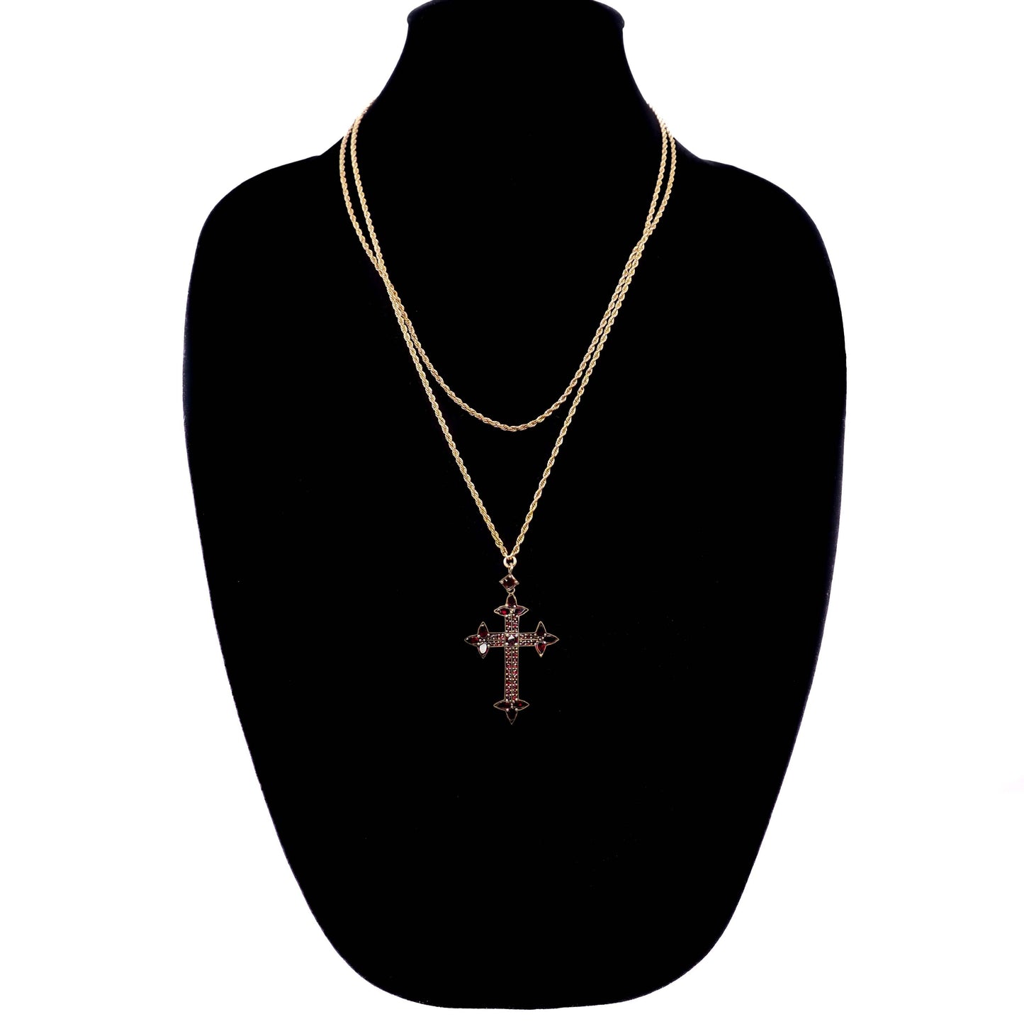 Antique 1890s Victorian Bohemian Garnet and Opal Cross Slide Long Watch Chain 48" Necklace