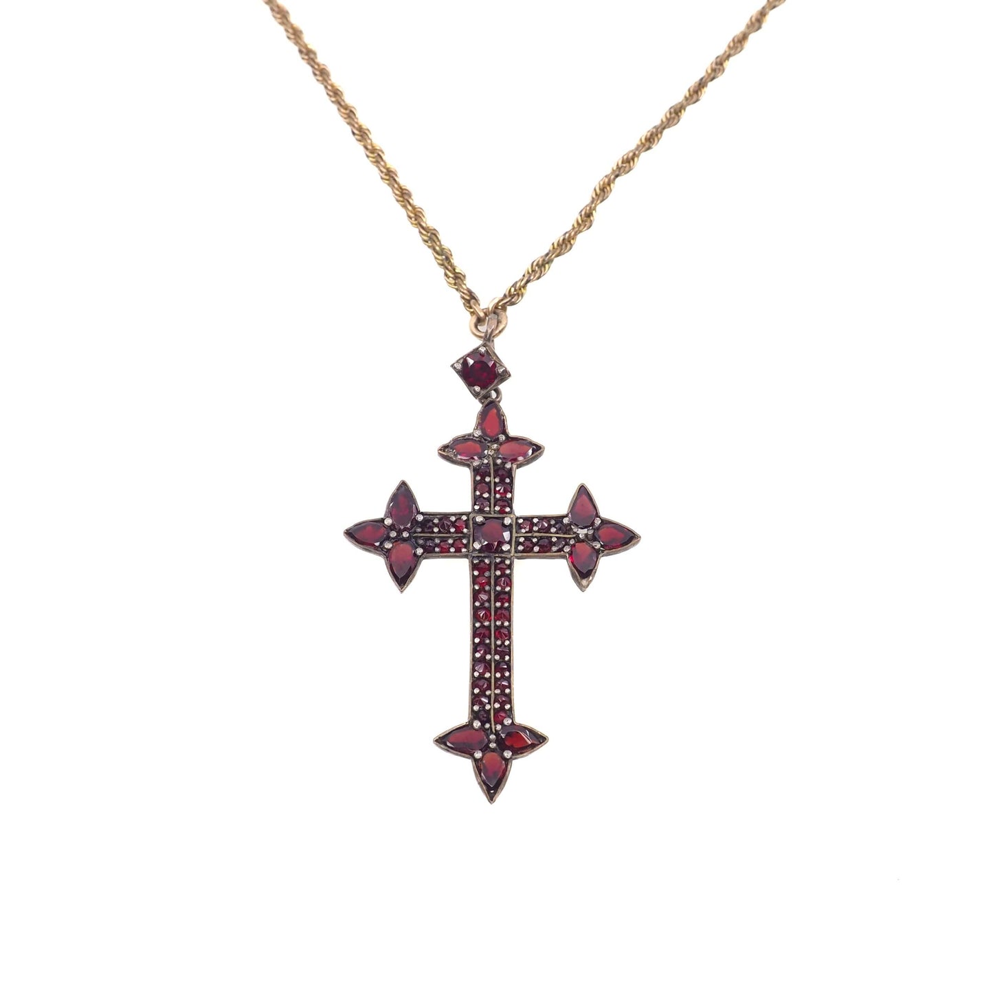 Antique 1890s Victorian Bohemian Garnet and Opal Cross Slide Long Watch Chain 48" Necklace