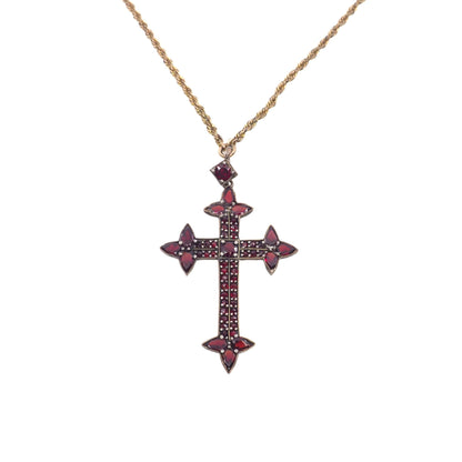 Antique 1890s Victorian Bohemian Garnet and Opal Cross Slide Long Watch Chain 48" Necklace