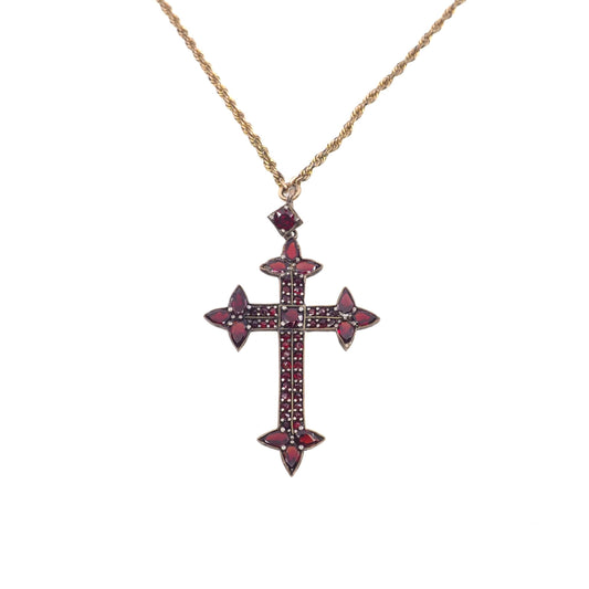Antique 1890s Victorian Bohemian Garnet and Opal Cross Slide Long Watch Chain 48" Necklace