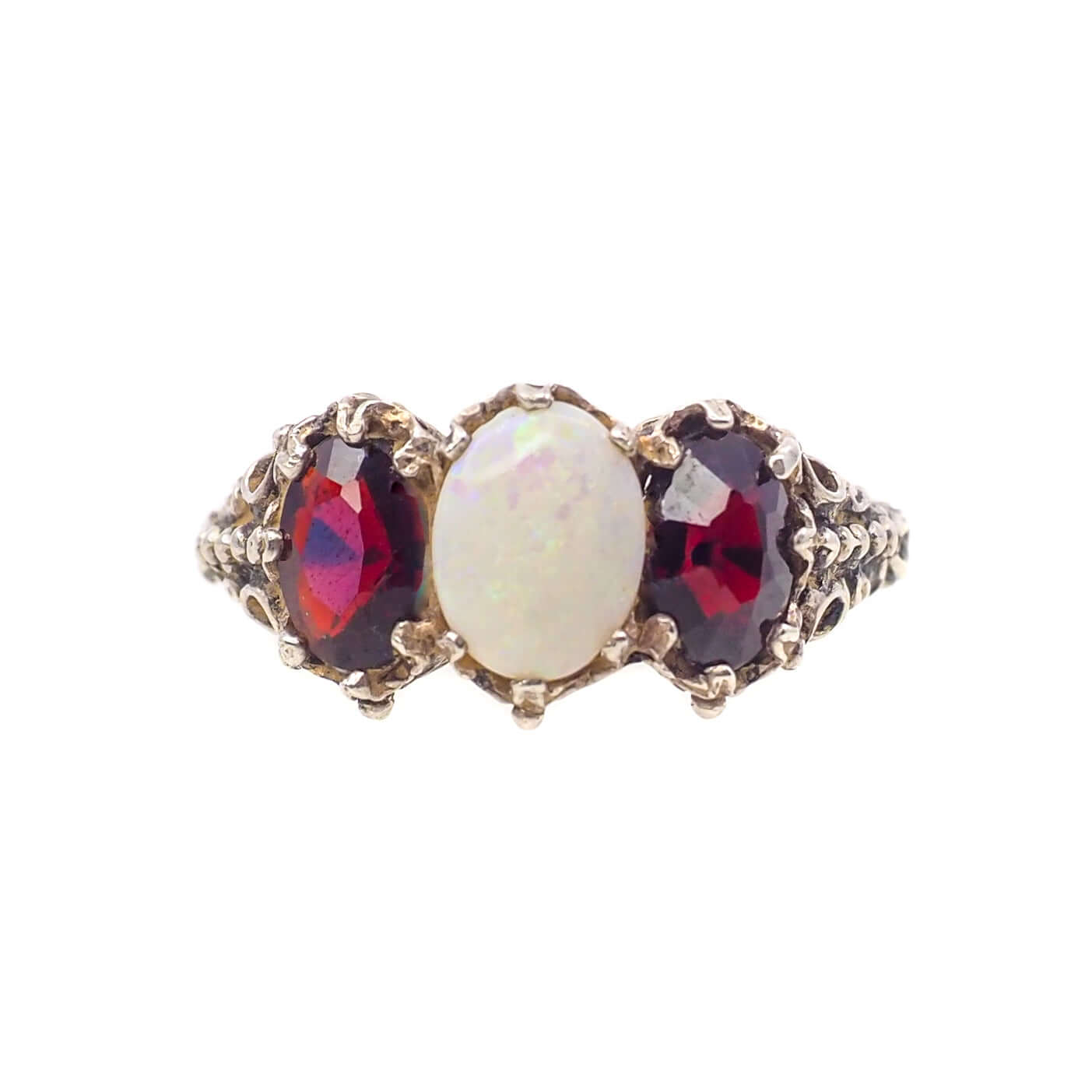 Vintage 1970s Opal, Spessartine Garnet, and Sterling Silver Three Stone Ring Size 7.25