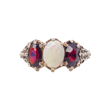 Vintage 1970s Opal, Spessartine Garnet, and Sterling Silver Three Stone Ring Size 7.25