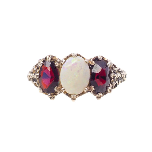 Vintage 1970s Opal, Spessartine Garnet, and Sterling Silver Three Stone Ring Size 7.25