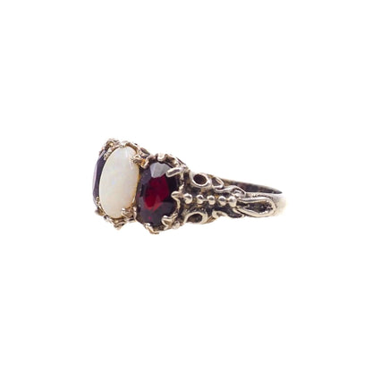 Vintage 1970s Opal, Spessartine Garnet, and Sterling Silver Three Stone Ring Size 7.25