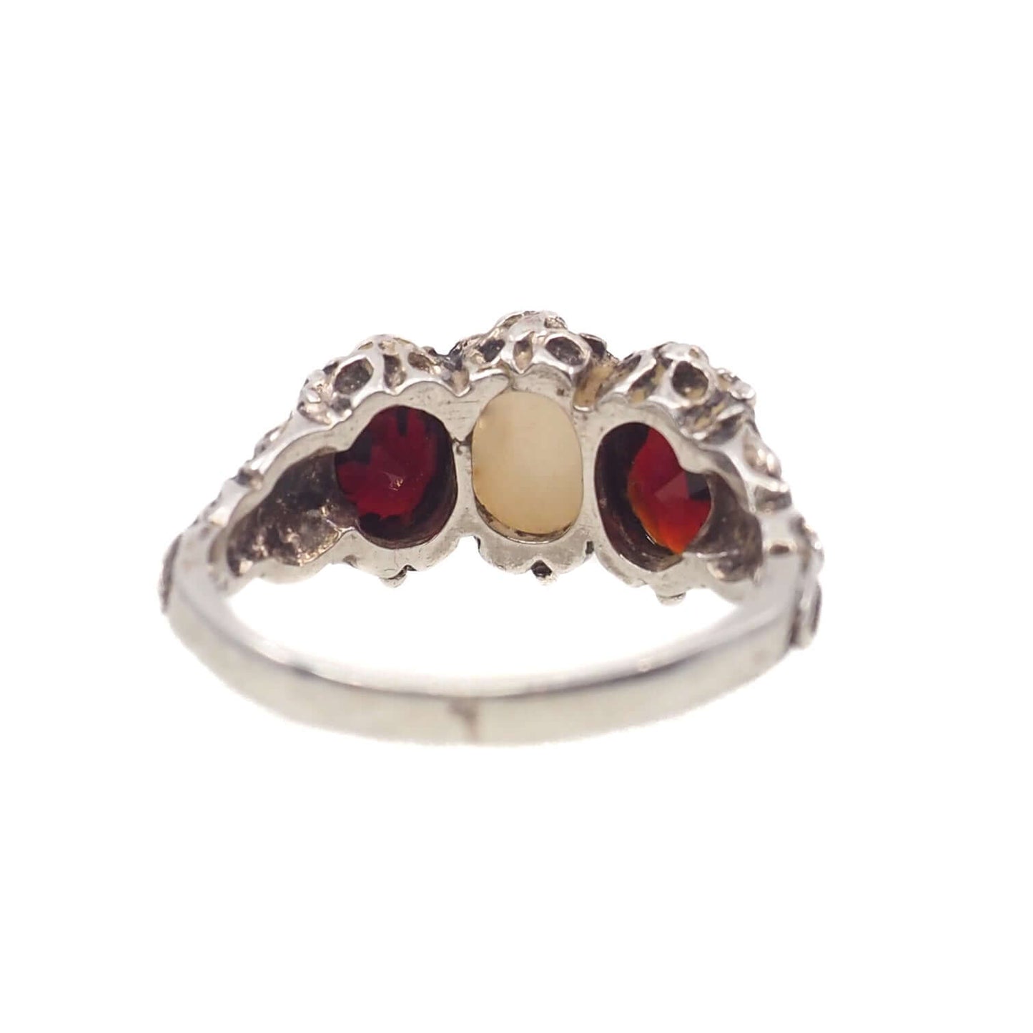 Vintage 1970s Opal, Spessartine Garnet, and Sterling Silver Three Stone Ring Size 7.25