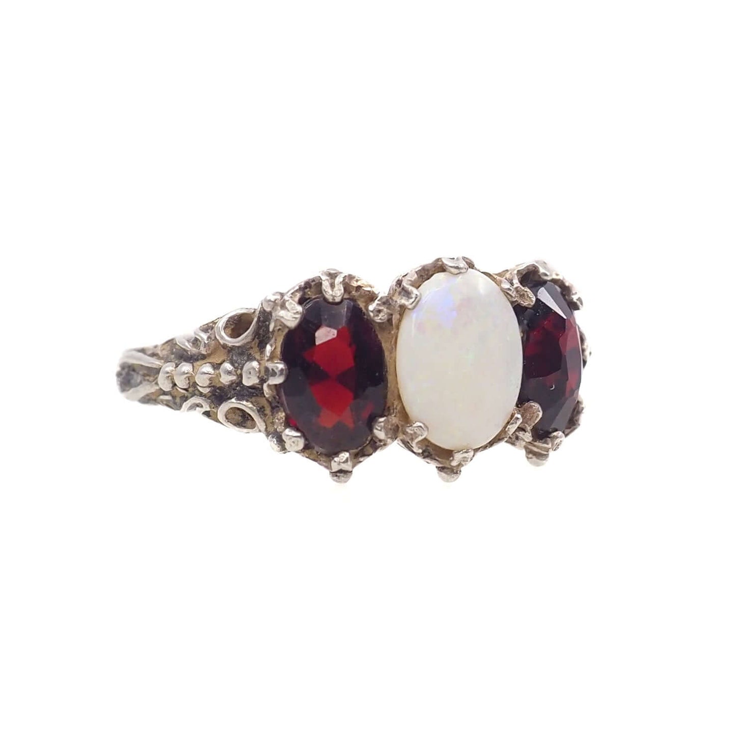 Vintage 1970s Opal, Spessartine Garnet, and Sterling Silver Three Stone Ring Size 7.25