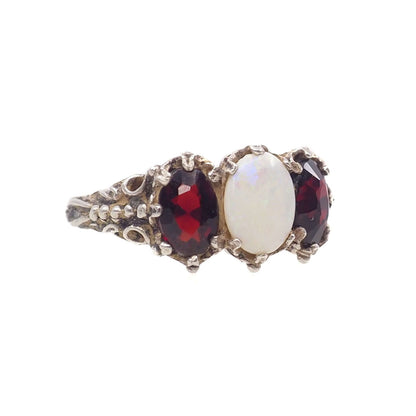 Vintage 1970s Opal, Spessartine Garnet, and Sterling Silver Three Stone Ring Size 7.25