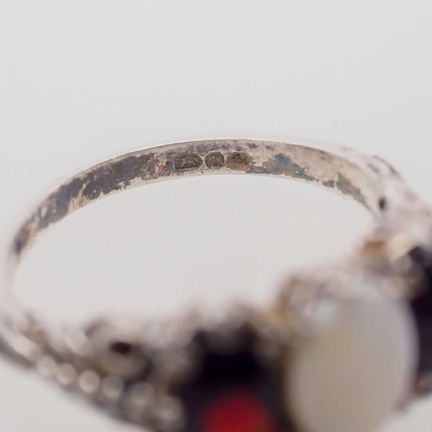 Vintage 1970s Opal, Spessartine Garnet, and Sterling Silver Three Stone Ring Size 7.25