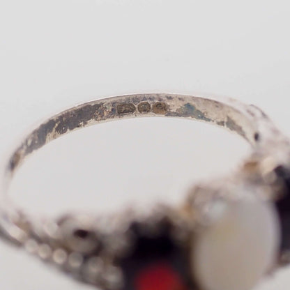 Vintage 1970s Opal, Spessartine Garnet, and Sterling Silver Three Stone Ring Size 7.25