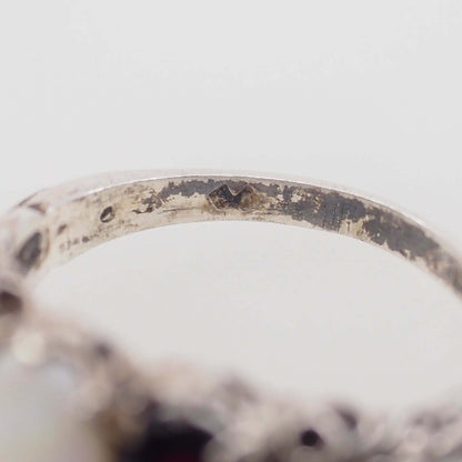 Vintage 1970s Opal, Spessartine Garnet, and Sterling Silver Three Stone Ring Size 7.25