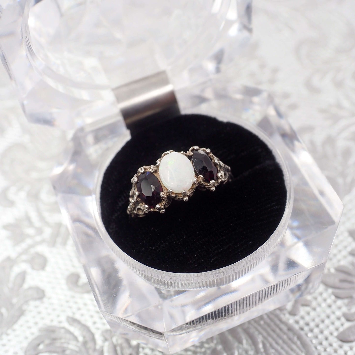 Vintage 1970s Opal, Spessartine Garnet, and Sterling Silver Three Stone Ring Size 7.25